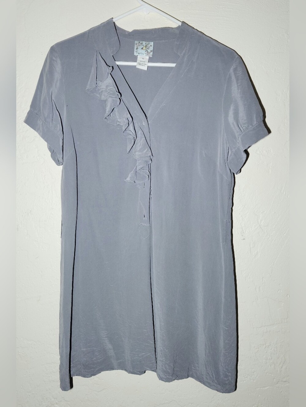 Anthropologie Tabitha Size 14 Gray Ruffle-Trim Short Sleeve 100% Silk Tunic